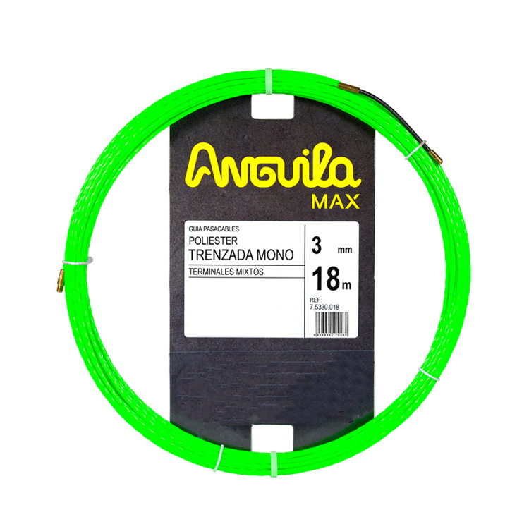 Guía pasa cables de poliéster. Triple trenzado. 3mm, 18mts. Terminales fijos con lazo. Color verde.