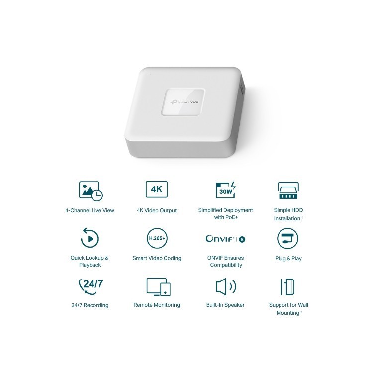 NVR 4ch IP PoE hasta 8Mpx, 80Mbps, H.265+, 1 HDD