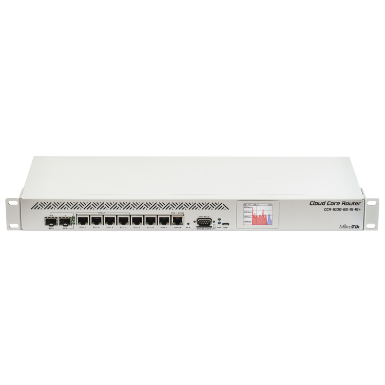 Cloud Core de 9 núcleos, 1,2 Ghz, 2Gb RAM, x8 Gb, x1 combo (SFP/RJ45), x1 SFP+, RouterOS, L6. Rack