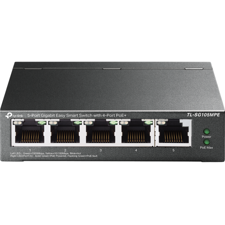 Switch Easy Samrt de 5 puertos Gigabit con 4 puertos PoE+, 120W. Carcasa metal. Sobremesa