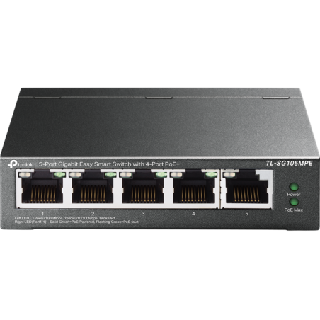 Switch Easy Samrt de 5 puertos Gigabit con 4 puertos PoE+, 120W. Carcasa metal. Sobremesa
