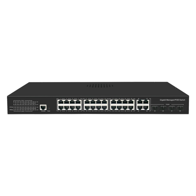 Switch de 24 puertos PoE 300W + 4 Combo Gigabit + 4 Combo SFP, para sobremesa.