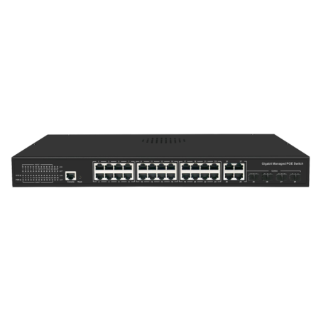 Switch de 24 puertos PoE 300W + 4 Combo Gigabit + 4 Combo SFP, para sobremesa.