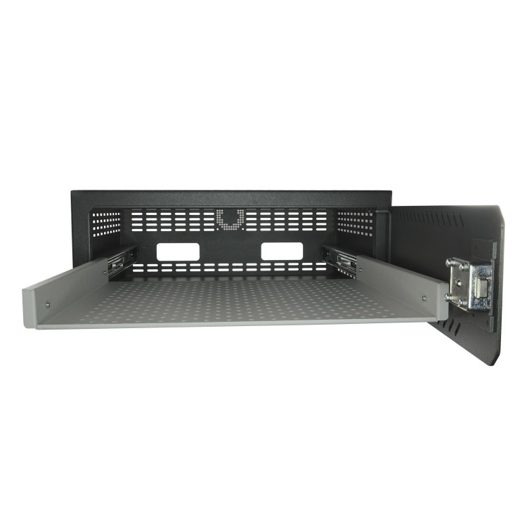 Caja fuerte especial para videograbador compatible con Rack 19" (1 U). Cerradura mecánica. Con ventilación y pasacables.