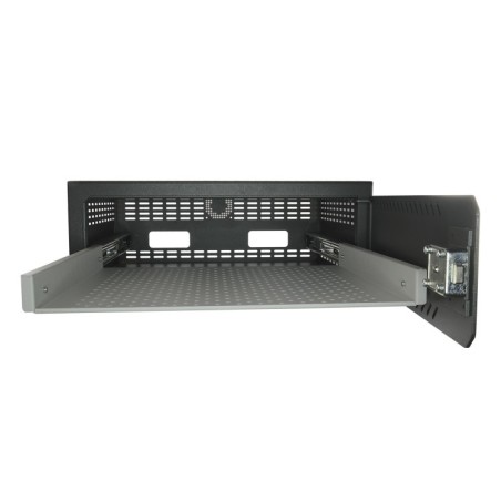 Caja fuerte especial para videograbador compatible con Rack 19" (1 U). Cerradura mecánica. Con ventilación y pasacables.