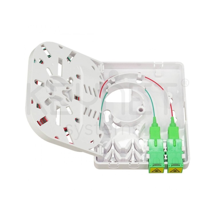 Roseta superficie F.O con cassette interno, 2x pigtail SC/APC, 2x adaptador SC/APC (capacidad x2 SC)