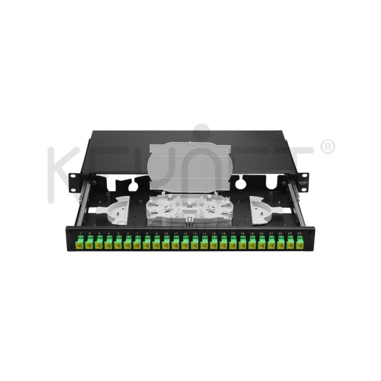 Bandeja de distribución de F.O. 19", hasta 24 SC o LC, 2 x 12 fo o 2x 24 fo (a doble altura) + tapa frontal telescópica. Vacío