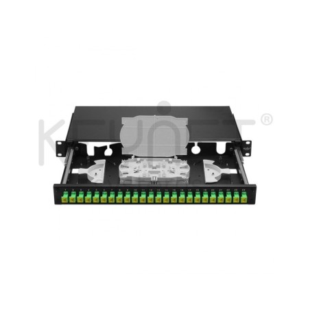 Bandeja de distribución de F.O. 19", hasta 24 SC o LC, 2 x 12 fo o 2x 24 fo (a doble altura) + tapa frontal telescópica. Vacío