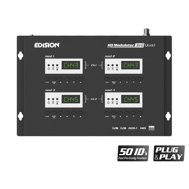 Modulador de x4 HDMI a 2x DVB-T, DVB-C o ISDB-T channels en 1 salida RF, VHF/UHF. MPEG4 FULL HD