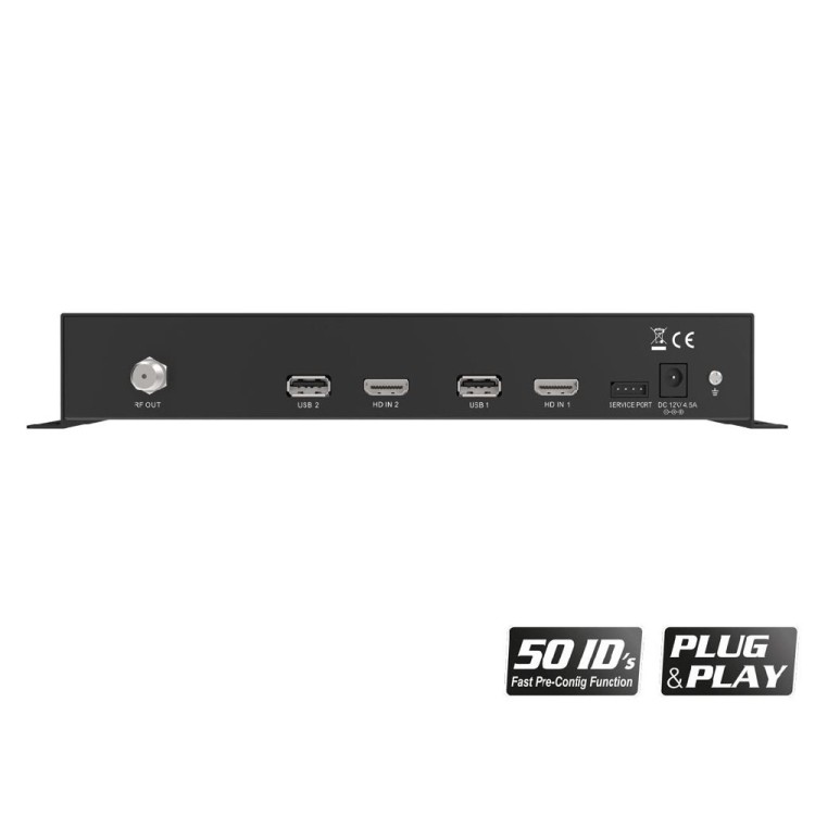 Modulador de x4 HDMI a 2x DVB-T, DVB-C o ISDB-T channels en 1 salida RF, VHF/UHF. MPEG4 FULL HD