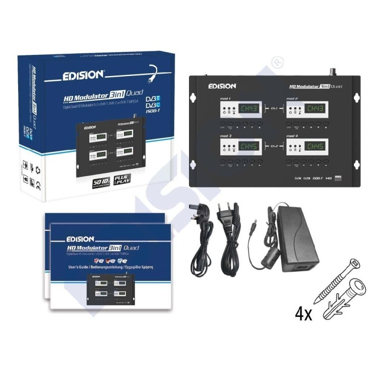 Modulador de x4 HDMI a 2x DVB-T, DVB-C o ISDB-T channels en 1 salida RF, VHF/UHF. MPEG4 FULL HD
