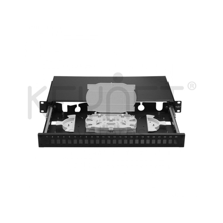 Bandeja de distribución de F.O. 19", hasta 24 SC o LC, 2 x 12 fo o 2x 24 fo (a doble altura) + tapa frontal telescópica. Vacío