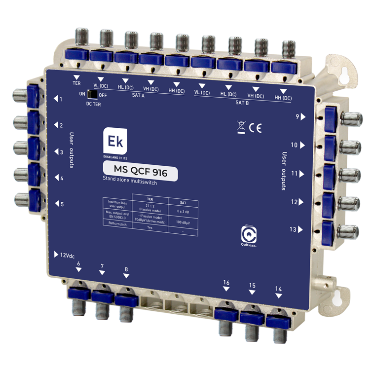Multiswitch de 9 x 16 en estrella/final de cascada. 9 entradas (8 SAT + 1 TER), 16 salidas usuario.