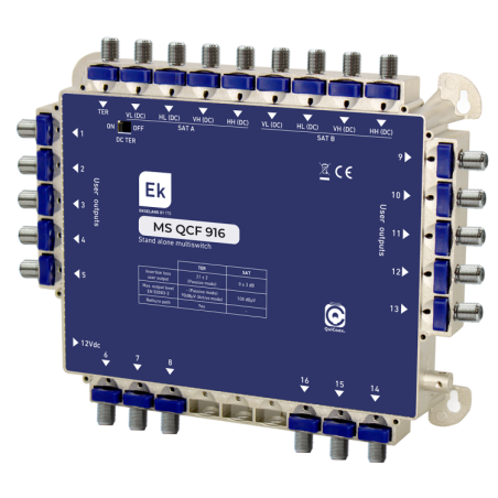 Multiswitch de 9 x 16 en estrella/final de cascada. 9 entradas (8 SAT + 1 TER), 16 salidas usuario.