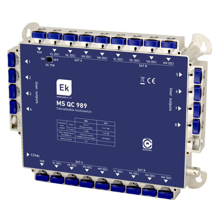 Multiswitch de 9x8, EKSELANS MS QC 989 - 9 entradas, 8 SAT + 1 TER, 8 salidas, QuiCoax, LTE  .