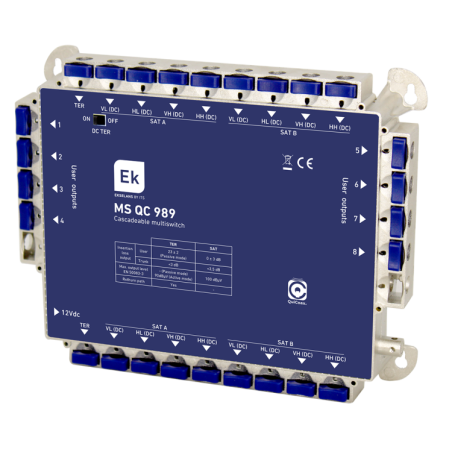 Multiswitch de 9x8, EKSELANS MS QC 989 - 9 entradas, 8 SAT + 1 TER, 8 salidas, QuiCoax, LTE  .