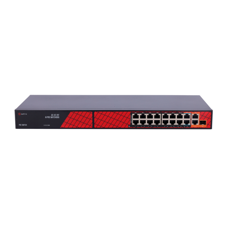 Switch de 16 puertos 10/100 POE, 300W, x2 puertos Gigabit, x2 SFP.