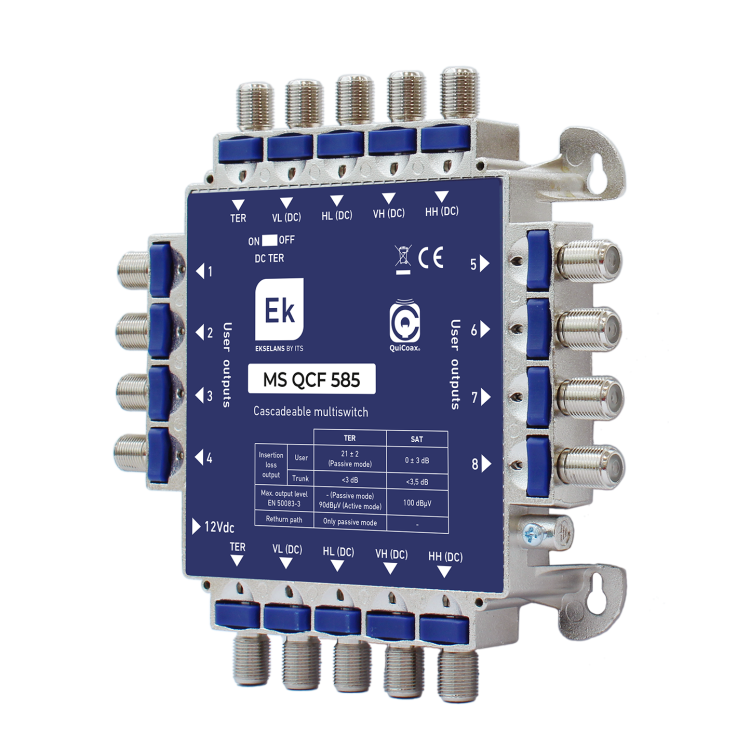 Multiswitch de 5 x 8 en cascada (intermedio, no final) 5 entradas (4 SAT + 1 TER), 8 salidas usuario.