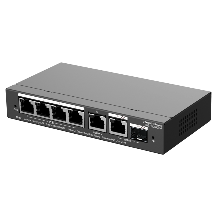 Switch Gestionable, x4 puertos Gigabit PoE 802.3af/at, 54W, x2 puertos Uplink, x1 SFP Combo