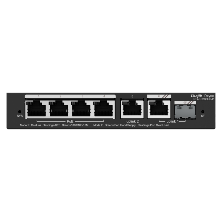 Switch Gestionable, x4 puertos Gigabit PoE 802.3af/at, 54W, x2 puertos Uplink, x1 SFP Combo