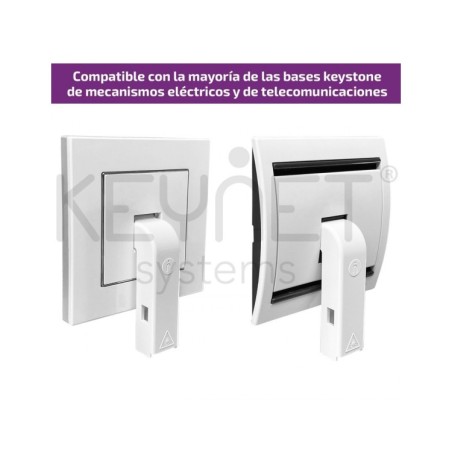 Adaptador 90º con fijación para mecanismos Keystone evitando daños en el cable de fibra óptica