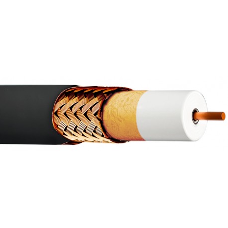 Cable coaxial cobre 10.3mm, dielectro de 1,63mm, 11.9dB a 860Mhz, malla y lámina de aluminio, PE negro, 300 mts