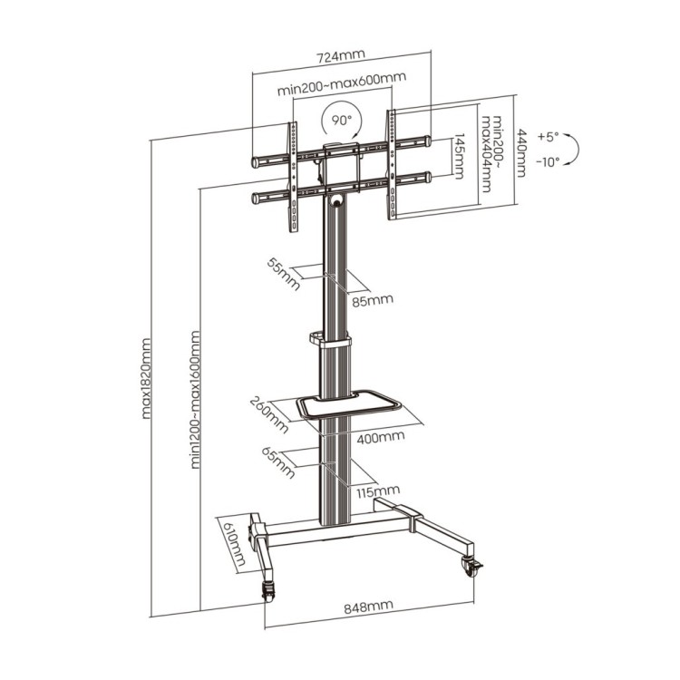 Soporte suelo con ruedas para Pantallas, TV y monitores de 37 a 86", hasta 50Kg. Con bandeja