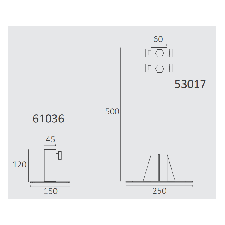 Base de mástiles 50mm,250x250mm. Diámetro tubo 60mm. Longitud 500mm . Fijación a suelo