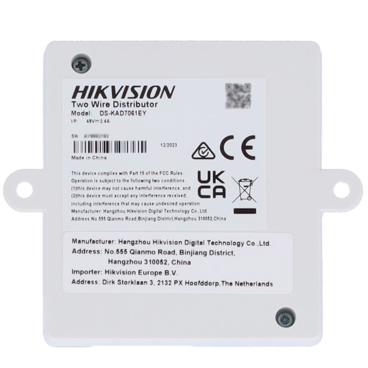 Distribuidor de planta 2 hilos Hikvision. 2in/out para cascada. 4 salidas para monitores