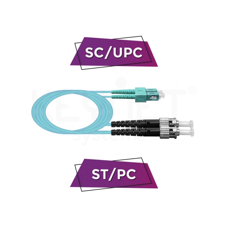 Latiguillo ST/PC-SC/UPC, Multimodo, Duplex, 50/125, OM3, 3mm, LSZH-FR, 0.3mts. Aqua