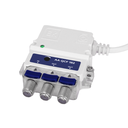 Micro amplificador Ekselans AA QCF 182 - 17 dB, 2 salidas 110 dBµV, QuiCoax con conector F