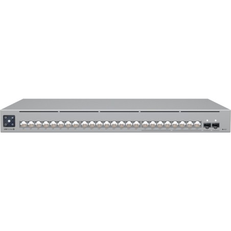 UniFi Switch L3 de 24 puertos: 8x PoE++ 2,5 GbE, 16x GbE (8 PoE+ y 8 PoE++ 400W) y 2x SFP+ 10G. Rack