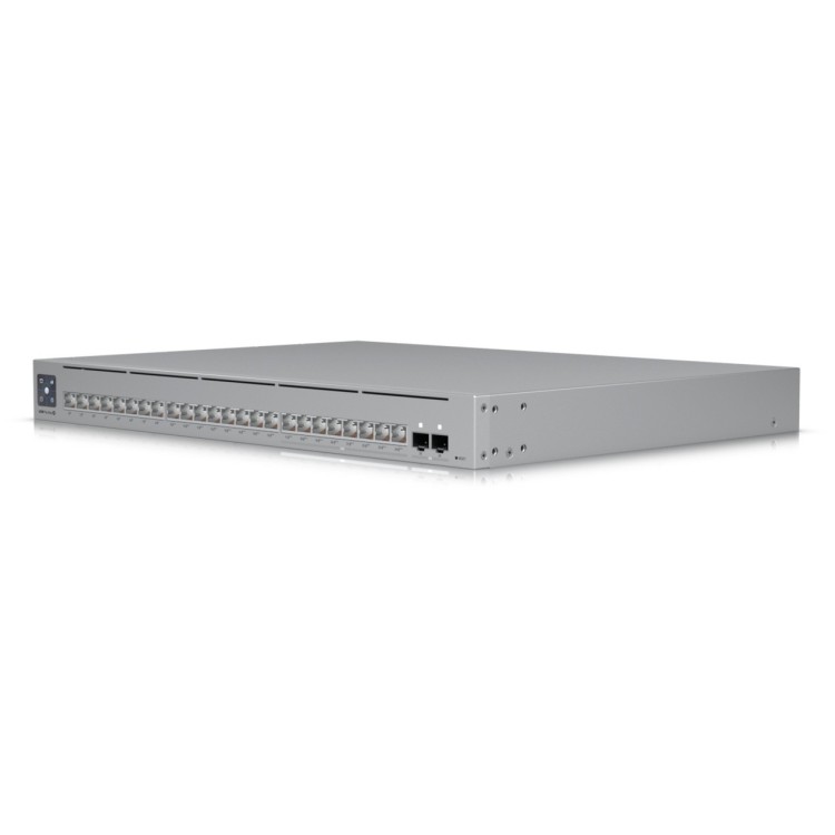 UniFi Switch L3 de 24 puertos: 8x PoE++ 2,5 GbE, 16x GbE (8 PoE+ y 8 PoE++ 400W) y 2x SFP+ 10G. Rack