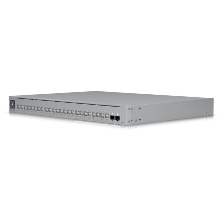 UniFi Switch L3 de 24 puertos: 8x PoE++ 2,5 GbE, 16x GbE (8 PoE+ y 8 PoE++ 400W) y 2x SFP+ 10G. Rack