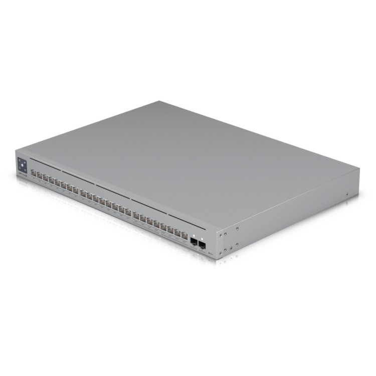 UniFi Switch L3 de 24 puertos: 8x PoE++ 2,5 GbE, 16x GbE (8 PoE+ y 8 PoE++ 400W) y 2x SFP+ 10G. Rack