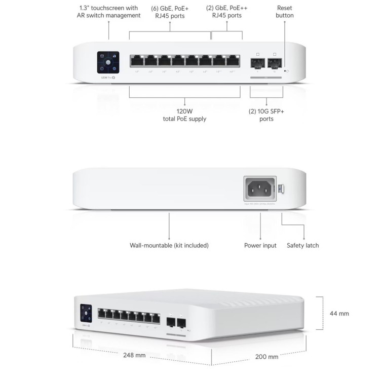 UniFi Switch capa 3 con 8 puertos GbE RJ45 (6 PoE+ y 2 PoE++) y 2 puertos 10G SFP+, 120W