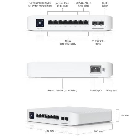 UniFi Switch capa 3 con 8 puertos GbE RJ45 (6 PoE+ y 2 PoE++) y 2 puertos 10G SFP+, 120W