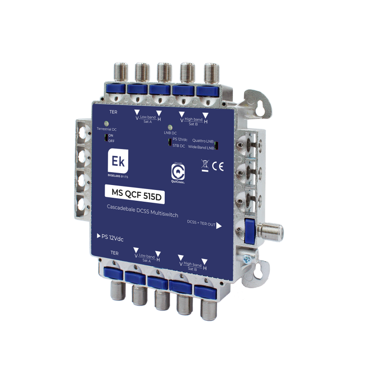 Multiswitch estrella/cascada. 5 entradas. 4 SAT (2 x wideband o 1 x Quatro LNB) + 1 TER. 1x16 DCSS salidas usuario.