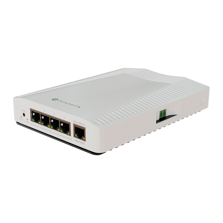 Cloud Router 2 Core, 512Mhz, 32Mb RAM, x1 Gb, x4 1G/2.5G/5G/10G, RouterOS v7. Level 5