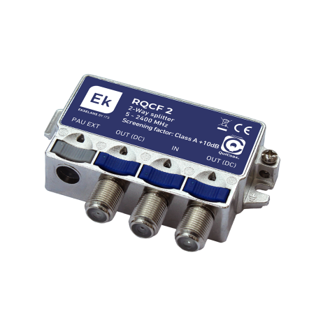 Distribuidor de 2 salidas, QuiCoax con conector F. 5-2400Mhz. 3,8dB (862MHz) / 4,9dB,(2400MHz). DC