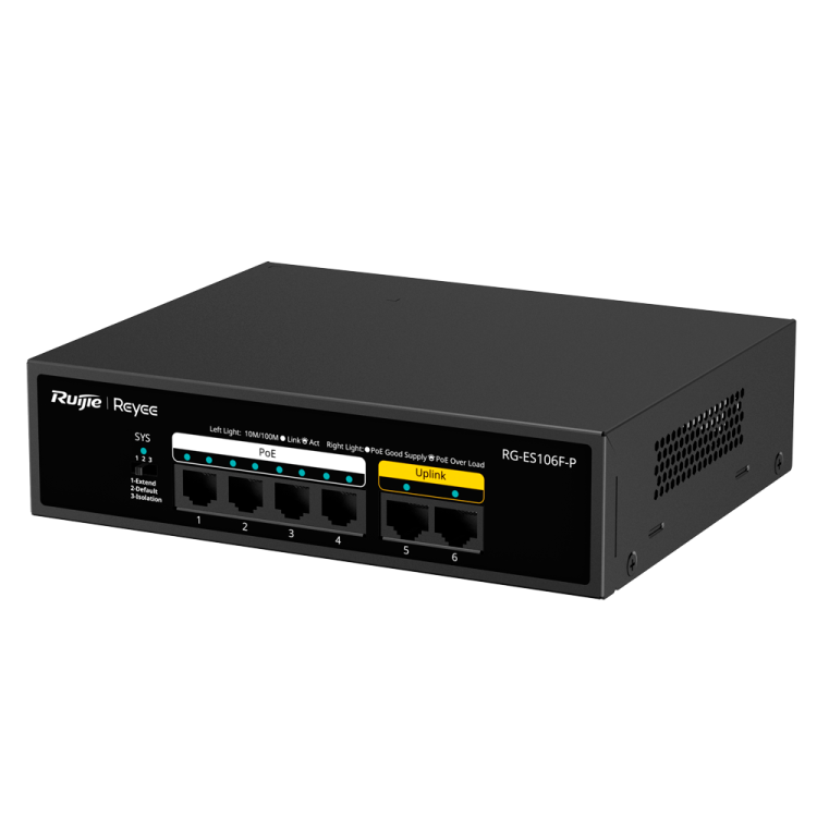 Switch no gestionable, x4 puertos 10/100t PoE 802.3af/at, 54W, x2 puertos 10/100 Uplink