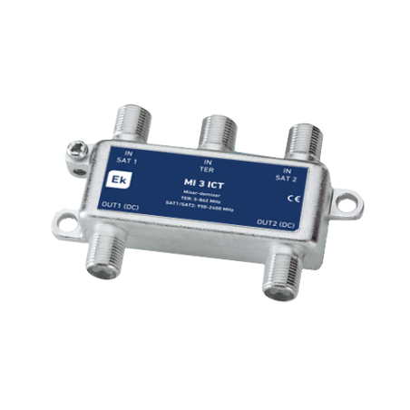 Mezclador 3E, 2 entradas de satélite + 1 de TDT / 2 Salidas TDT + SAT 1 / TDT + SAT 2.