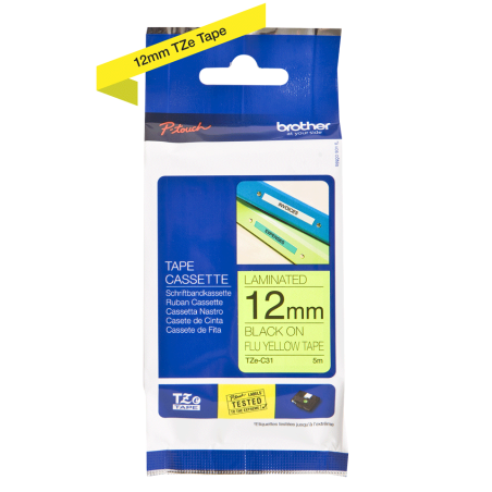 Cinta Fluorescente. Texto negro sobre fondo Amarillo. 12mm (5mts de largo)