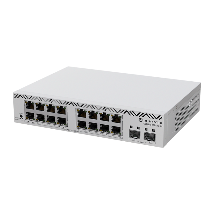 Cloud Smart Switch con x16Gb, x2 SFP+, SwitchOS, L5. 10" (instalable en Rack de 19" con accesorios