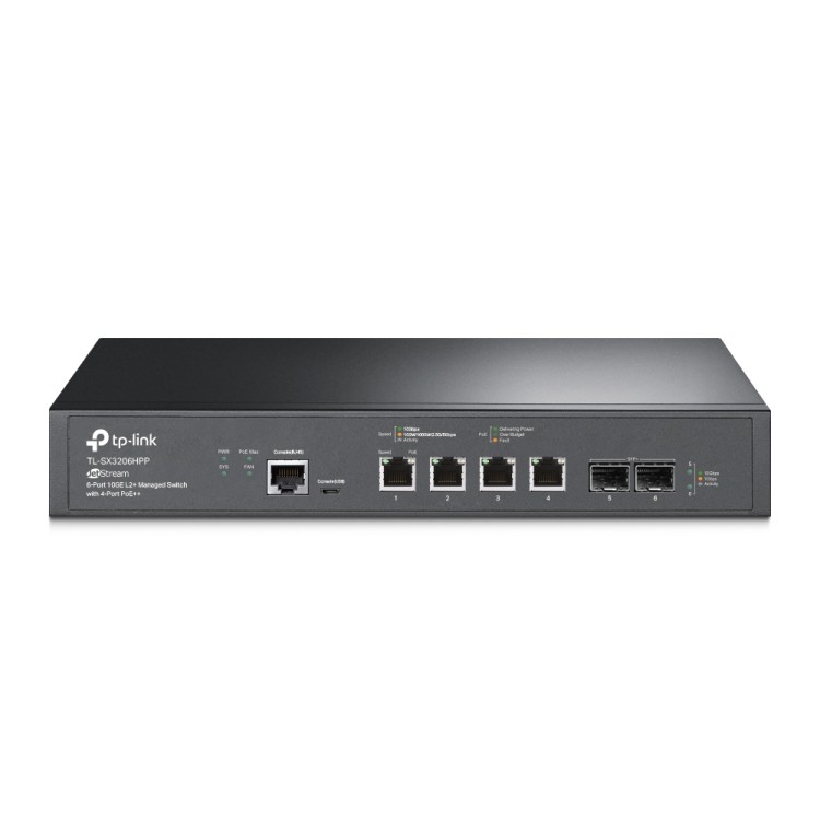 Switch Gestionable Omada L2+, x4 10Gb POE++ 200W, x2 SFP+, x1 RJ45 consola, x1 Micro-USB consola, Rack