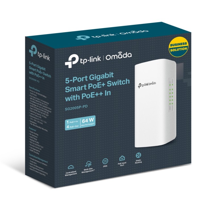 Smart Switch OMADA de exterior IP55, de x1 puerto POE ++ IN, x4 Puertos POE+ Out. POE extender 200mts.