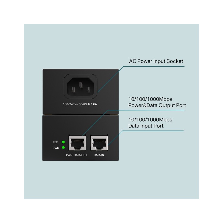 Inyector POE++ IEEE802.3af/at 60W, x2 Puertos Gb. Montaje pared o sobremesa