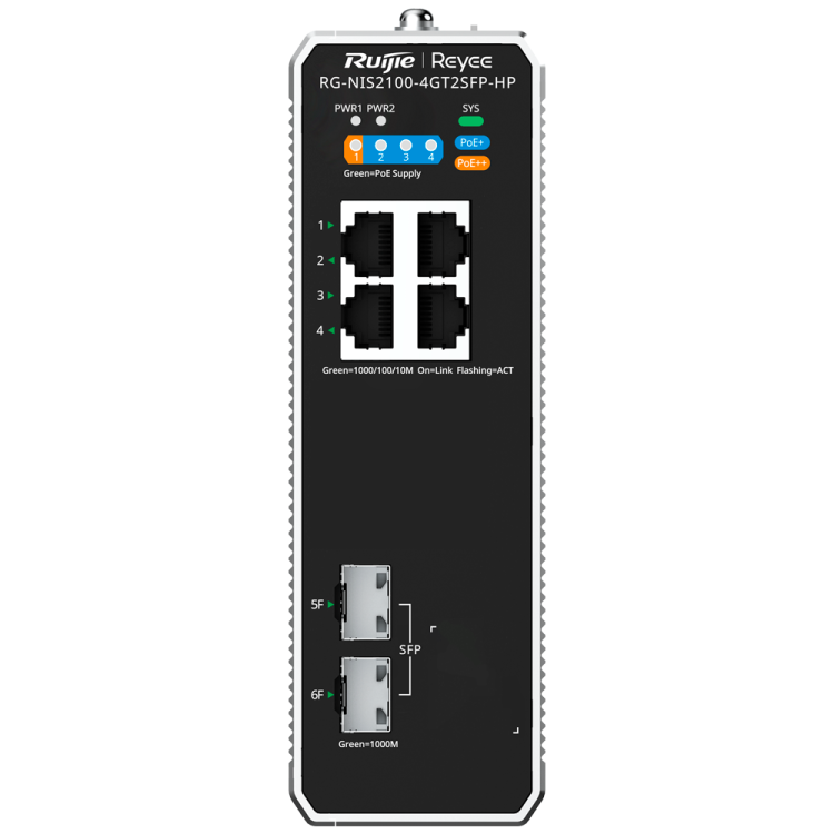 Switch industrial Reyee RG-NIS2100-4GT2SFP-HP - 4×GbE PoE+/PoE++ 90 W, 2×SFP, 180 W PoE, IP40, -40~75 °C