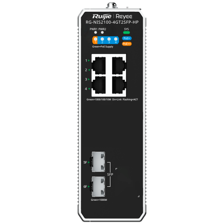 Switch industrial Reyee RG-NIS2100-4GT2SFP-HP - 4×GbE PoE+/PoE++ 90 W, 2×SFP, 180 W PoE, IP40, -40~75 °C