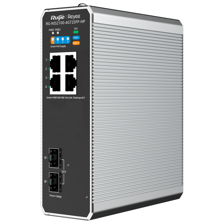 Switch industrial Reyee RG-NIS2100-4GT2SFP-HP - 4×GbE PoE+/PoE++ 90 W, 2×SFP, 180 W PoE, IP40, -40~75 °C
